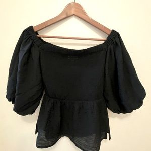 Open Edit Smocked Puff Sleeve Off Shoulder Top in Black Size: XS